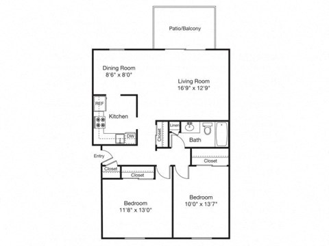 Floor plan for 2 beds, 1 bath, 970 sqft